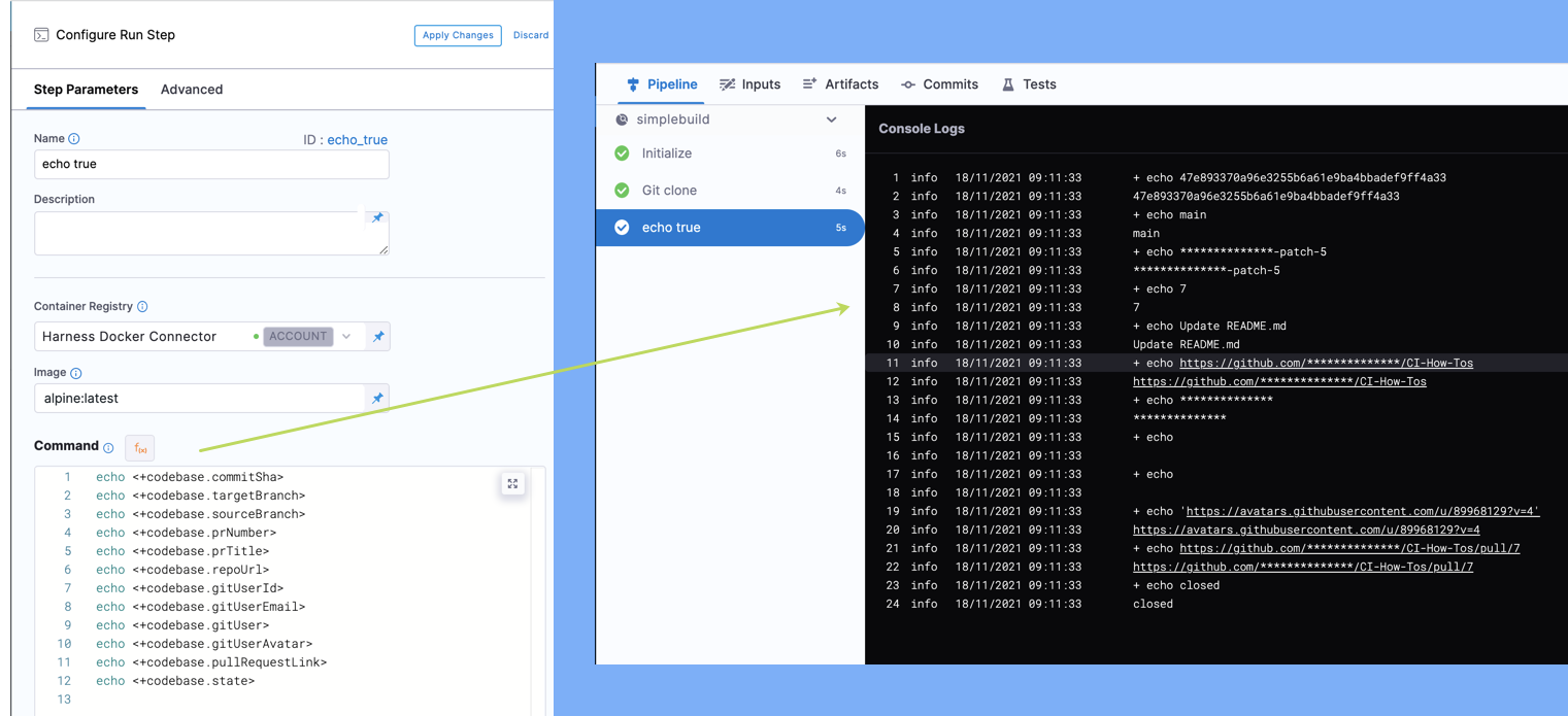 A Run step with echo commands and the corresponding build logs.